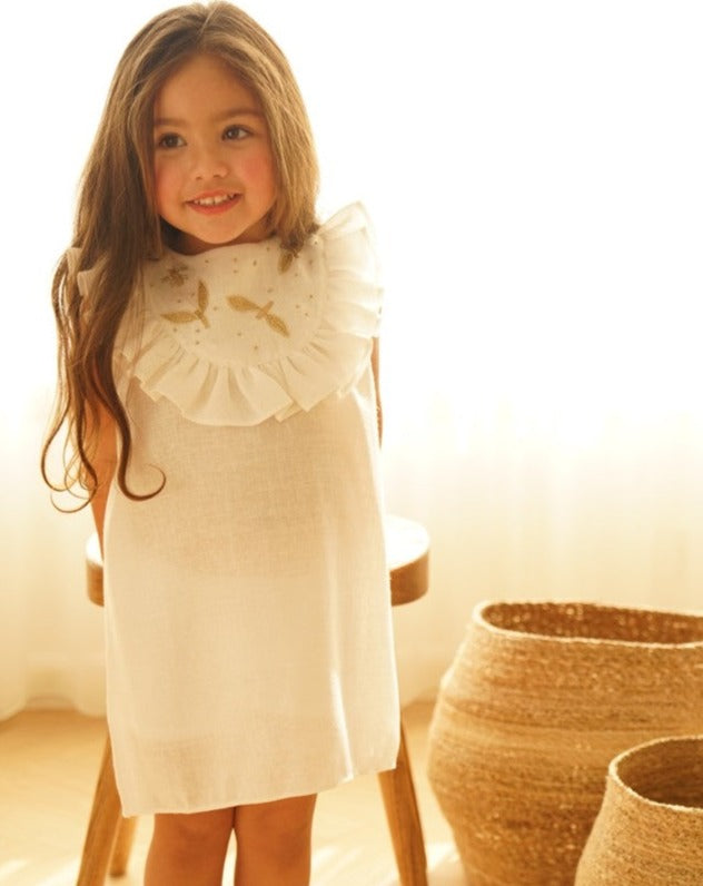 Leaves Ruffle Collar Dress in White