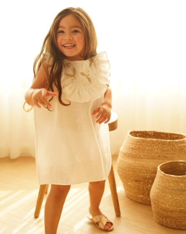 Leaves Ruffle Collar Dress in White