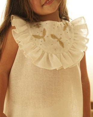 Leaves Ruffle Collar Dress in White