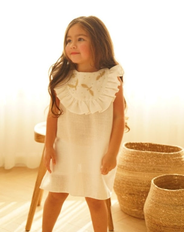 Leaves Ruffle Collar Dress in White