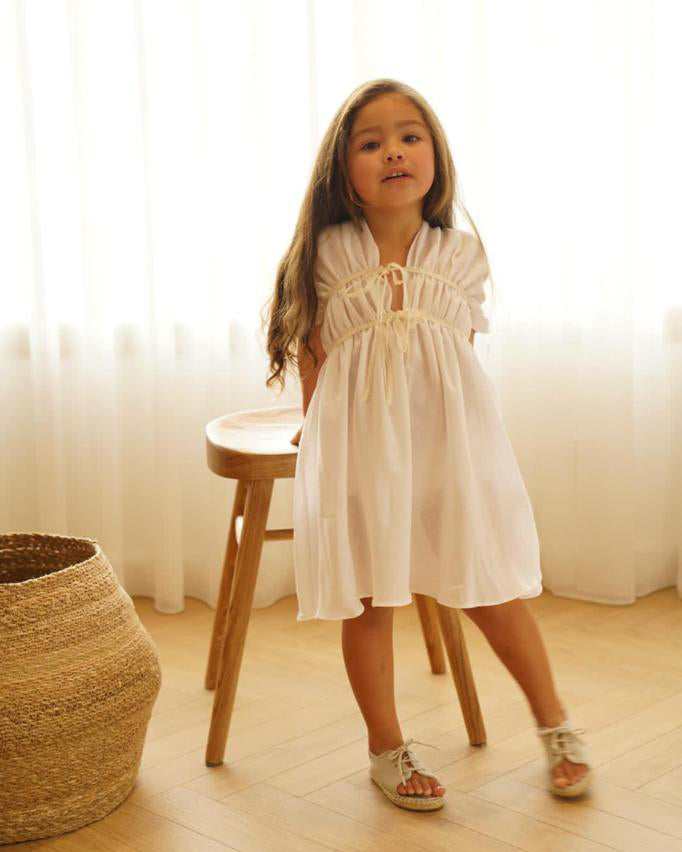 Ruched Linen Dress in White